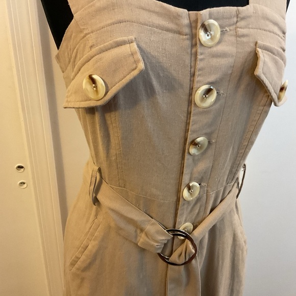 🌹 Khaki Beige Belted Utility Linen Button Down Sleeveless Jumpsuit - Picture 6 of 8